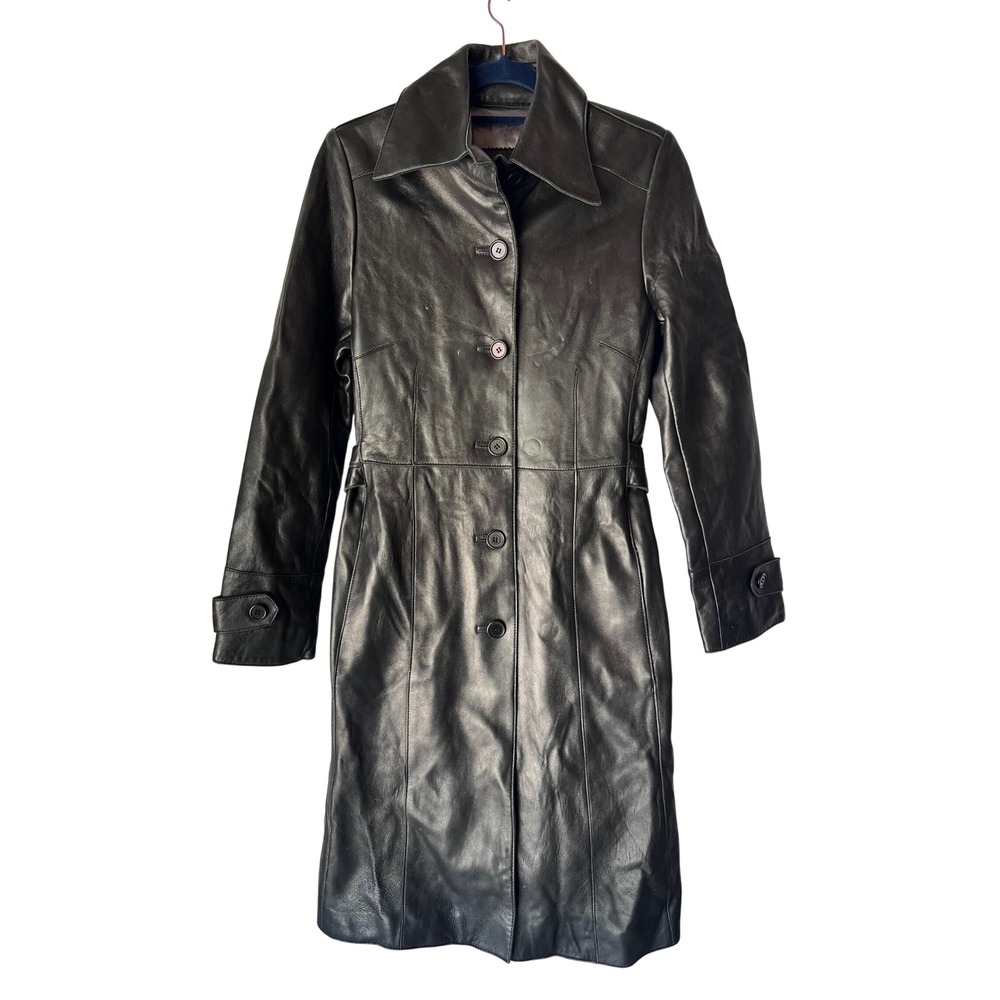 Guess Womens Black Genuine Leather Trench Coat Button Front Mid Length Size S